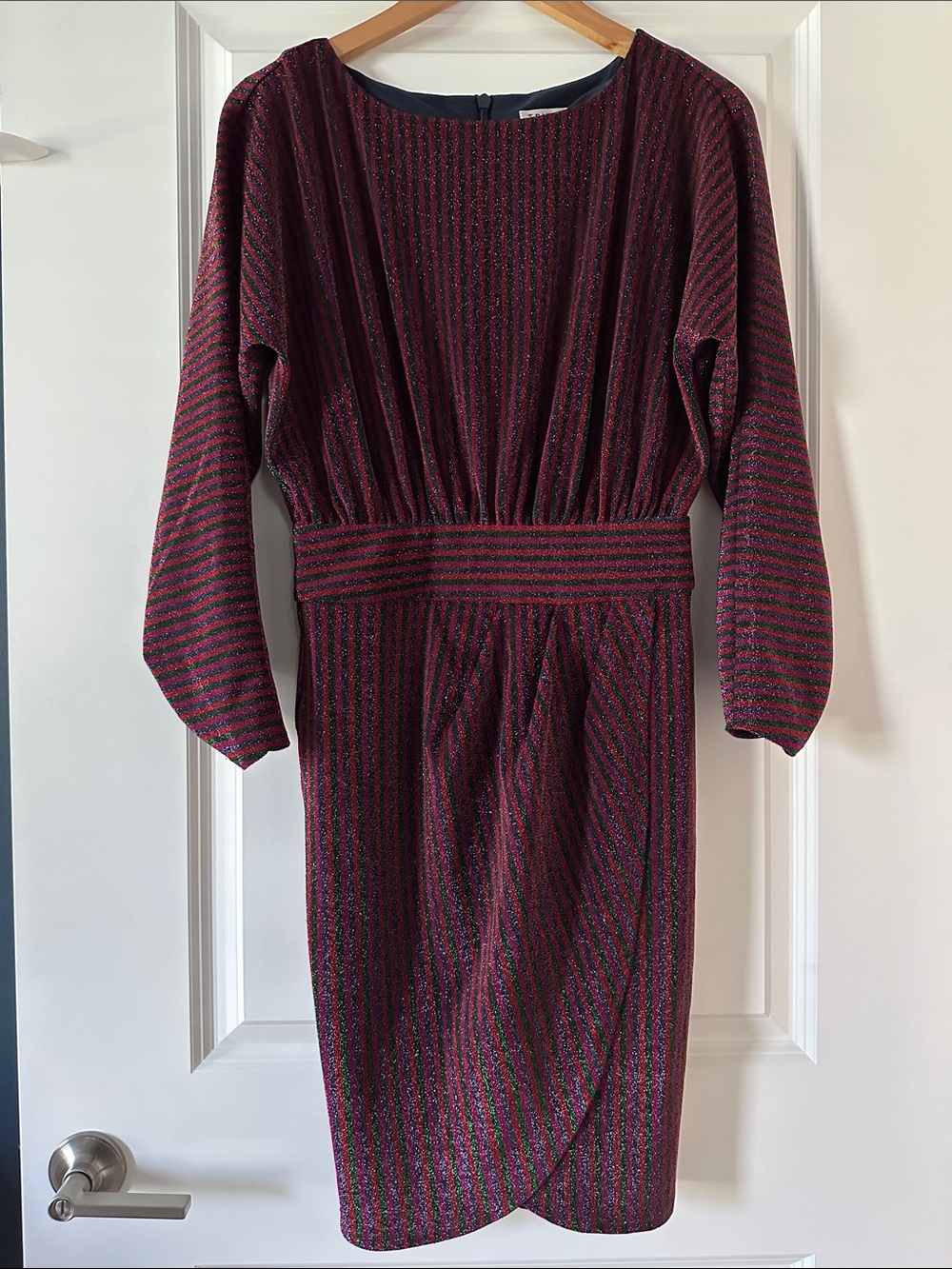 Trina Turk Burgundy Striped Sparkly Long-Sleeve Dress